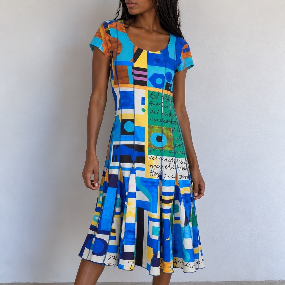 Vintage Atelier A&G Blue Abstract Art Print Midi Dress XS Artsy Y2K Dopamine